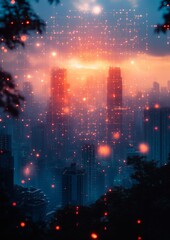 Fototapeta premium A cityscape with a bright orange sun in the background