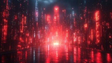 Futuristic digital cityscape with glowing red data streams and reflective surfaces at night
