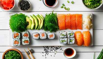 Top view of authentic poke essentials featuring fresh ingredients and sushi rolls for culinary inspiration with copy space