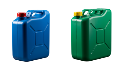 Two Plastic Jerry Cans, One Blue and One Green on transparent background.