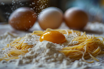 Artisan Pasta Preparation: Capturing the essence of culinary artistry, fresh eggs and flour are artfully arranged, with a vibrant yolk at the center, symbolizing the creation of homemade pasta