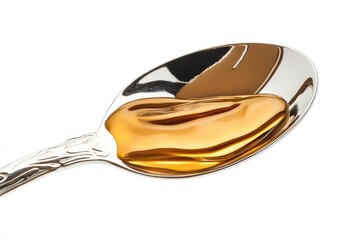A spoonful of golden liquid, possibly honey or oil, glistening and viscous.