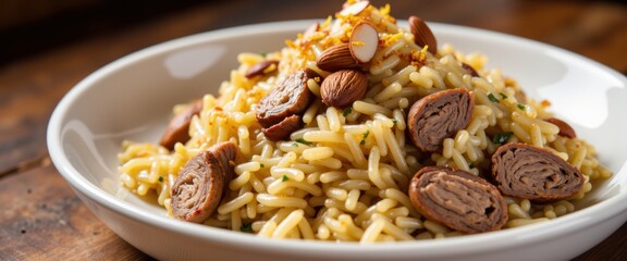 Fototapeta premium Gourmet pasta dish with rolled meat and almonds on rustic table setting