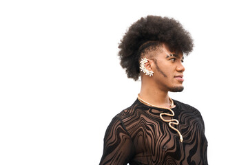 Young androgynous man with afro hairstyle posing confidently