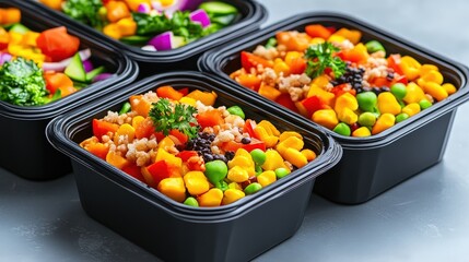 Colorful meal prep containers filled with a variety of vegetables and grains, showcasing a healthy and appetizing food option.