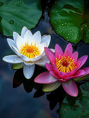 Lotus Serenity: Two elegant water lilies float serenely on a tranquil water surface, their vibrant colors and delicate petals creating a stunning display of natural beauty.