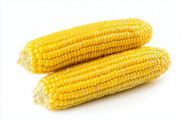 Golden Harvest: A vibrant still life of two freshly picked, ripe ears of corn, showcasing the intricate patterns and inviting texture of the kernels, a symbol of abundance and nutrition.