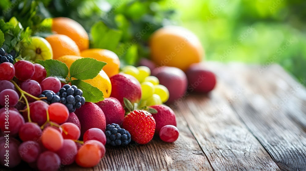 Poster fresh picked colorful fruits resting on rustic wooden table in garden setting