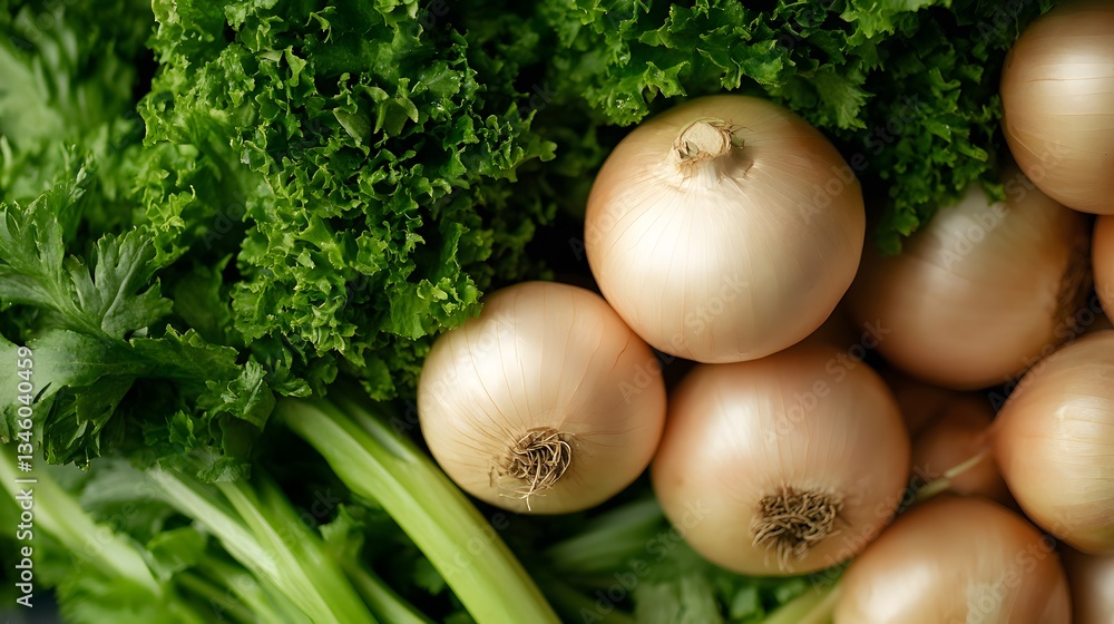 Poster fresh onions and celery resting on green leaf lettuce, creating a vibrant still life