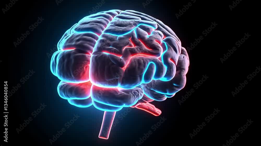 Poster glowing brain with blue and red neon lights on a black background in a digital rendering