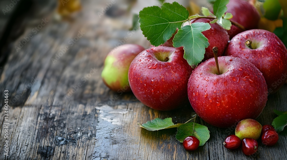 Aufkleber fresh red apples resting on rustic wooden table with green leaves and water droplets
