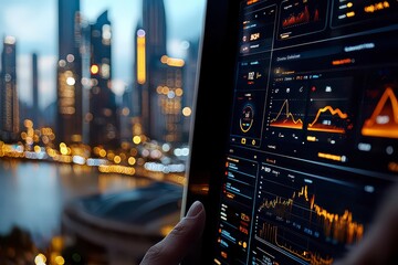 Explore the seamless integration of real-time cloud computing analytics into a thriving smart city, showcasing dynamic virtual dashboards and cutting-edge futuristic UI elements Witness the power of