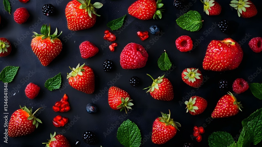 Poster delicious mix of fresh berries and mint leaves creating a vibrant and colorful pattern on a dark bac