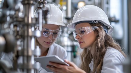 Two women with safety helmets use a tablet at an industrial facility. Show safety, engineering, teamwork, or technology in your visuals.