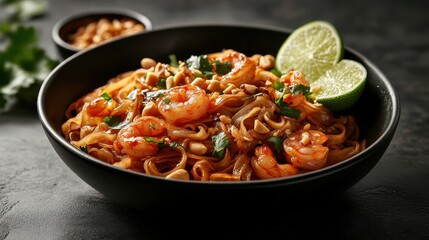 Appetizing Pad Thai Noodle Dish with Shrimp and Fresh Ingredients