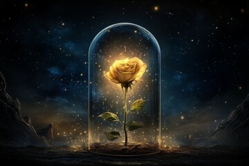 A glass dome encasing a glowing enchanted rose, radiating a soft golden light