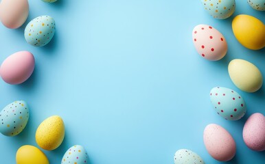 Colorful Decorated Easter Eggs on a Soft Blue Background Perfect for Celebrating Springtime Festivals and Holiday Traditions
