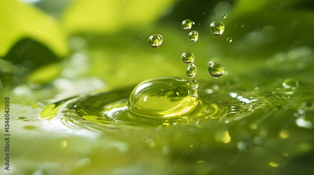 Poster water droplets creating concentric ripples on green liquid surface