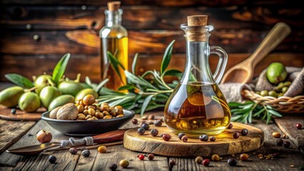 Fototapeta premium Olive Oil Bottle with Fresh Ingredients and Olive Branches