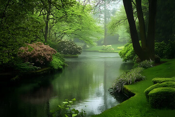 Obraz premium Serene Lakeside Vista: Lush Greenery and Tranquil Reflections in a Verdant Oasis