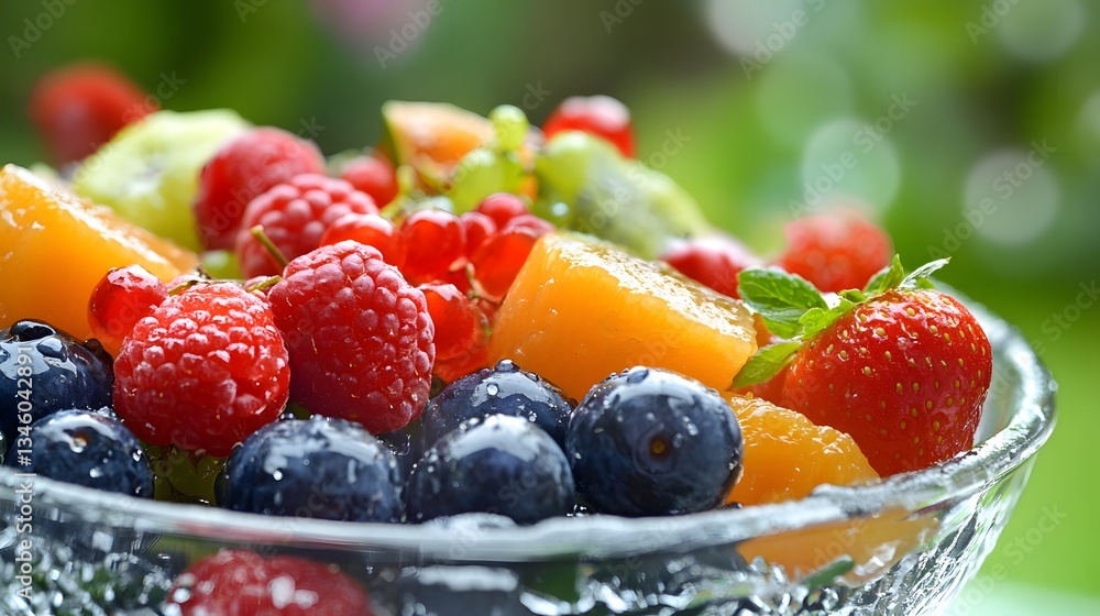 Aufkleber fresh fruit salad overflowing with colorful berries and juicy peach slices