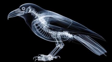 Detailed X-ray Image of a Raven Skeleton Showing Bone Structure and Transparency