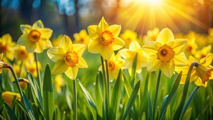 Fototapeta premium Beautiful Yellow Daffodils Blooming in a Sunlit Meadow