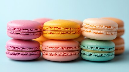 Fototapeta premium Colorful French Pastries on Light Blue Background