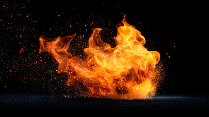Fototapeta premium Dynamic Orange Flame Explosion With Scattered Sparks and Black Background Depicting Intense Heat and Energy