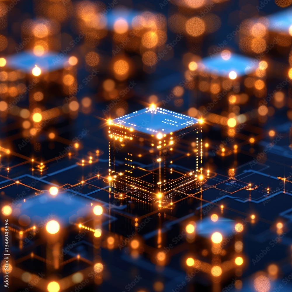 Poster glowing cube on circuit board abstract technology network data center
