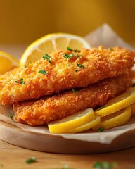Crispy Fried Fish Fillet Served on Wooden Board with Lemon Wedges and Herbs