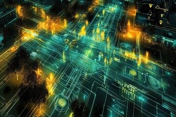 A futuristic city at night, its streets illuminated by glowing circuit lines interwoven with trees.