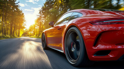 Fototapeta premium Speed Concept: red sports rides on a forest road, embodying speed and luxury, suitable for automotive and travel advertising