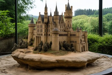 A grand castle under construction, with enchanted workers using magic to place massive stones into place