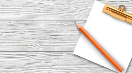 Blank Paper on Clipboard with Orange Pencil on White Wooden Tabletop Perfect for Mockups Note Taking Concepts