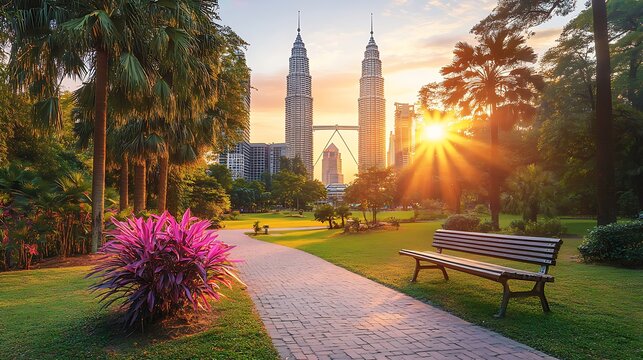 Sunrise park scene with iconic twin towers