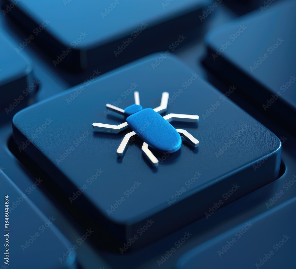Poster cyber security bug on a dark blue keyboard key digital threat vulnerability concept