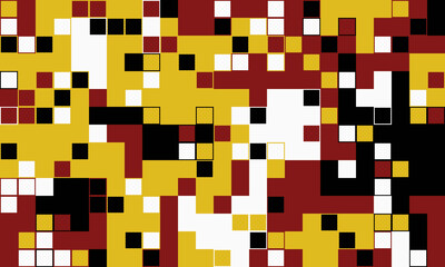 Abstract pixel art background.  Bold geometric pattern in gold, red, black, and white. Ideal for tech, design, or modern presentations.