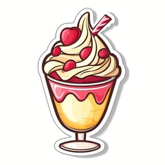 Sweet Temptation: A delightful illustration of an ice cream sundae, a feast of creamy textures and vibrant colors. Adorned with luscious whipped cream, vibrant red cherries and a colorful straw.