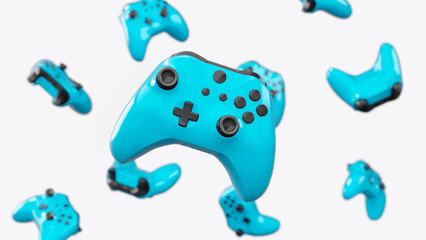 Realistic video game joysticks or gamepads rotating and falling on white