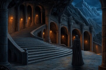 Obraz premium A hidden underground dwarven city in progress, workers sculpting intricate stone halls deep inside a mountain