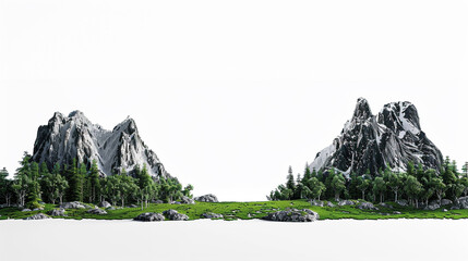 Majestic Peaks: Two imposing mountain peaks stand tall, crowned with rugged rock formations and embraced by verdant forests, evoke a sense of grandeur and the raw power of nature.