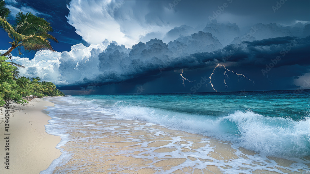 Poster dramatic beach scene showcases stormy sky filled with dark clouds and lightning, contrasting with ca