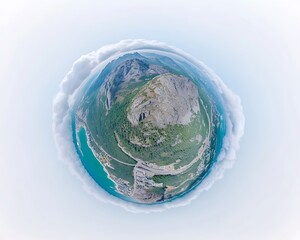 Fototapeta premium Mountain Lake Tiny Planet Aerial View.