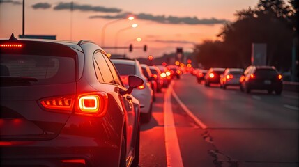 Fototapeta premium Evening traffic jam on urban highway during sunset with vibrant sky colors and illuminated brake lights