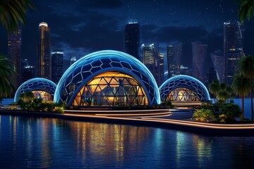 Obraz premium A high-tech underwater city being constructed in the deep ocean, with mechanical drones assembling futuristic domes