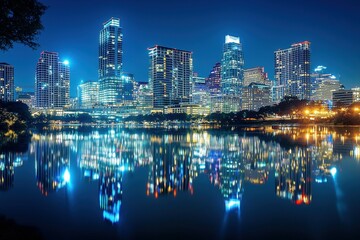 Obraz premium Urban Exploration: Cityscape at night with vibrant lights, reflecting the energetic and dynamic city lifestyle.