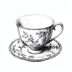A cup with a floral design sits on a saucer