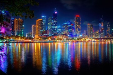 Fototapeta premium Urban Exploration: Cityscape at night with vibrant lights, reflecting the energetic and dynamic city lifestyle.