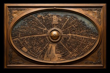 Obraz premium A highly detailed steampunk-style map of a vast industrial city, filled with intricate railway lines, airship ports, and towering brass buildings